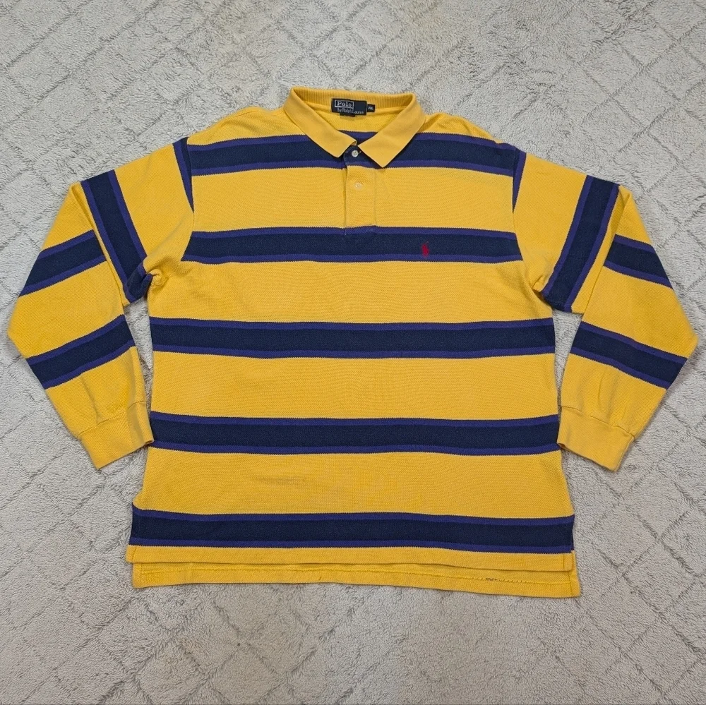 VTG Polo Ralph Lauren Shirt Mens XXL Yellow Stripe Polo Textured Pique Preppy